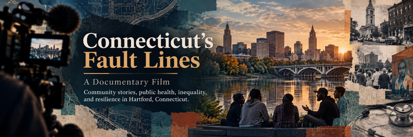 Connecticut’s Fault Lines. A documentary film. Community stories, public health, inequality, and resilience in Hartford, Connecticut. Illustrated collage of the city and filmmaking.