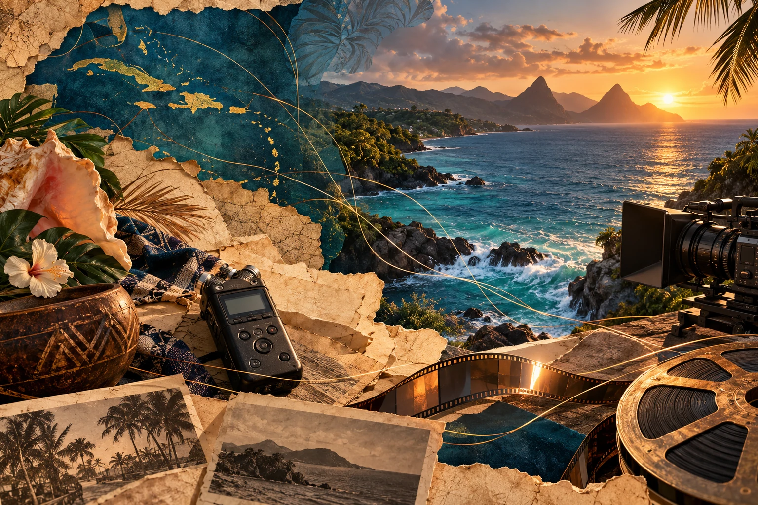 Illustrated collage connecting Caribbean waters, archival papers, oral history recording and filmmaking.