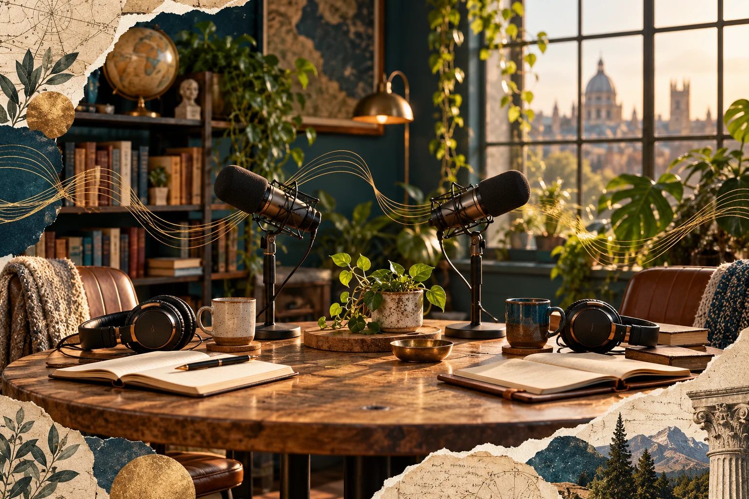 Illustration of two microphones, headphones and notebooks around a welcoming conversation table.