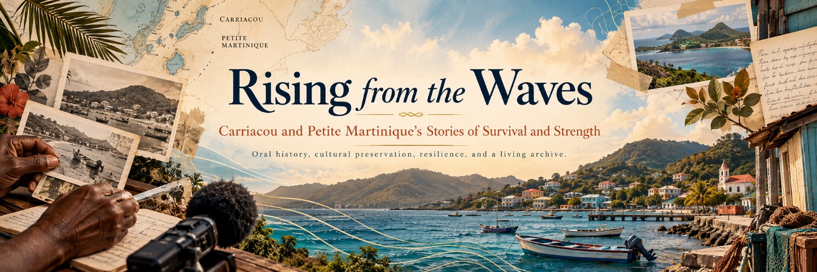 Rising from the Waves. Carriacou and Petite Martinique’s Stories of Survival and Strength. Oral history, cultural preservation, resilience, and a living archive. Caribbean collage.