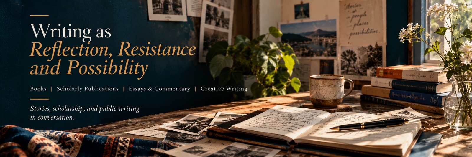Writing as Reflection, Resistance and Possibility. Books, scholarly publications, essays and commentary, creative writing. Stories, scholarship, and public writing in conversation.